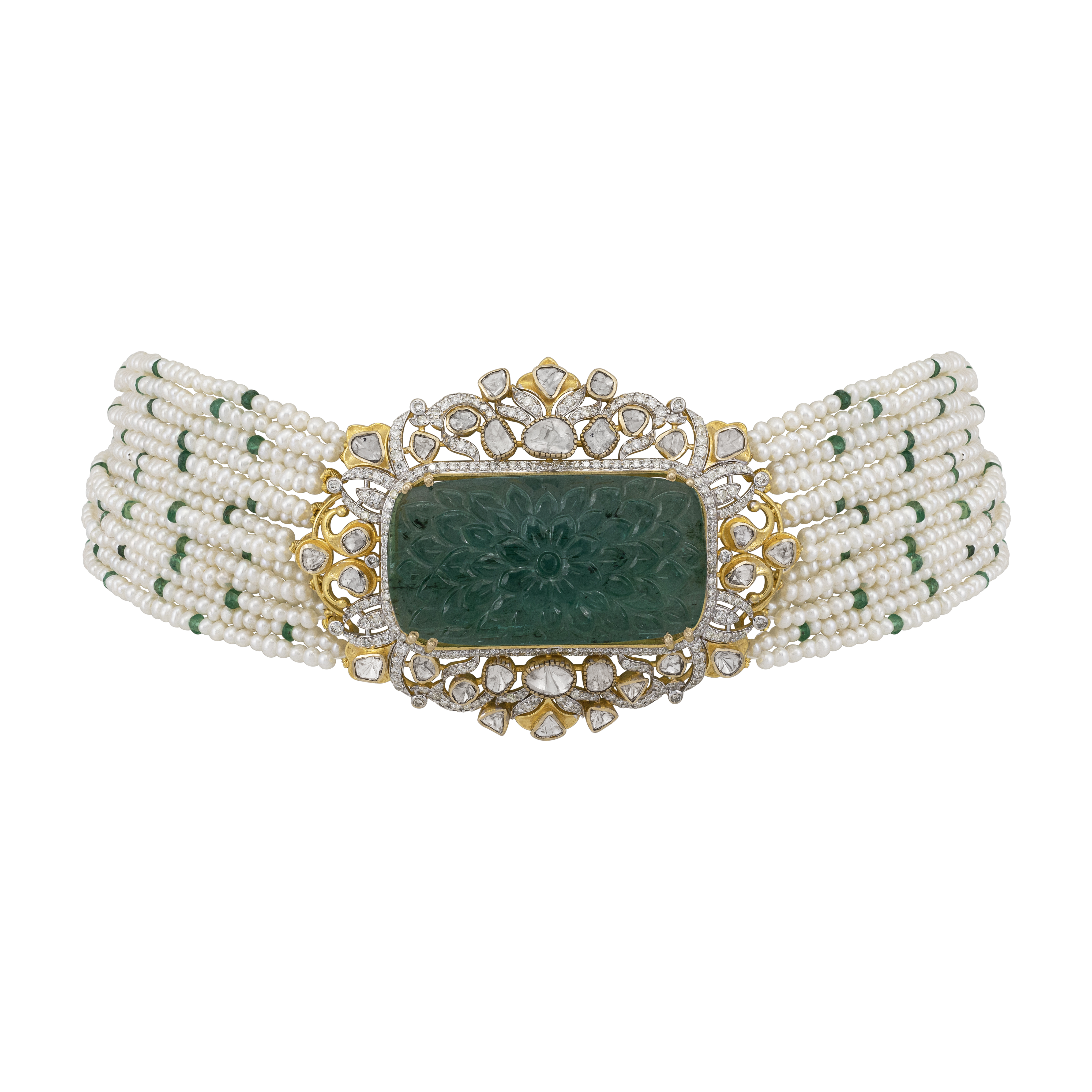 Carved Green Stone Polki Choker with Pearl Strands